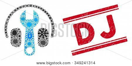 Outbreak Mosaic Headphones Tuning Wrench Icon And Red Dj Seal Between Double Parallel Lines. Mosaic 