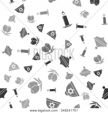 Set Burning Candle In Candlestick, Jewish Kippah With Star Of David, Hanukkah Dreidel And Olives Bra