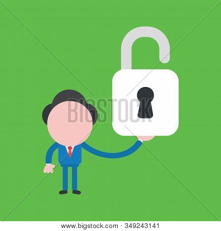 Vector Cartoon Illustration Concept Of Faceless Businessman Mascot Character Holding Opened Padlock 