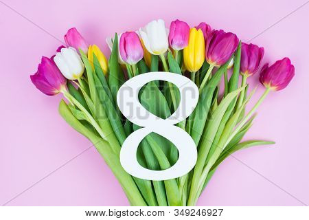 8 March Congratulations Concept. High Angle Above View Photo Of Beautiful Multicolored Bouquet Of Di