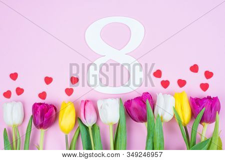 8 March Congrats Concept. Above High Angle Closeup View Photo Of Beautiful White Number Eight Multi 