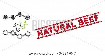 Microbe Mosaic Cattle Dotted Charts Icon And Red Natural Beef Stamp Between Double Parallel Lines. M