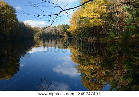 Colorful Autumn Foliage Reflections On The Chippewa River At Brunet Island State Park, Central Wisco