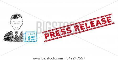 Flu Mosaic Businessman News Icon And Red Press Release Stamp Between Double Parallel Lines. Mosaic V