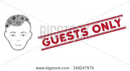 Biohazard Collage Face Icon And Red Guests Only Seal Stamp Between Double Parallel Lines. Mosaic Vec