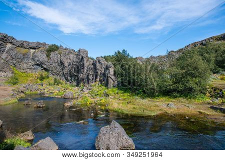 Gjain In Thjorsardalur Valley In South Iceland On A Sunny Summer Day