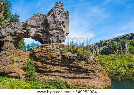 Beautiful Rock In Gjain In Thjorsardalur Valley In South Iceland On A Sunny Summer Day