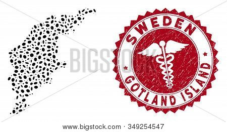 Vector Mosaic Gotland Island Map And Red Rounded Rubber Stamp Seal With Health Care Sign. Gotland Is