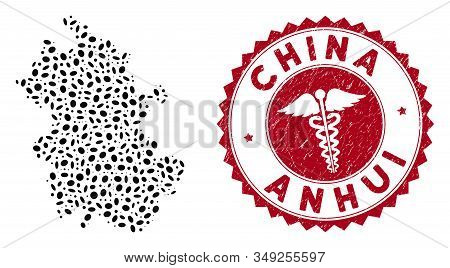 Vector Collage Anhui Province Map And Red Round Distressed Stamp Watermark With Medicine Sign. Anhui