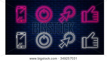 Set Line Power Button, Arrow Cursor, Smartphone, Mobile Phone And Hand Like. Glowing Neon Icon On Br