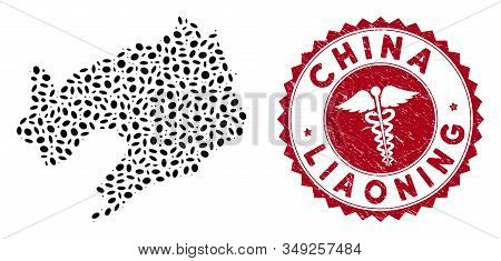 Vector Collage Liaoning Province Map And Red Round Rubber Stamp Seal With Medic Symbol. Liaoning Pro