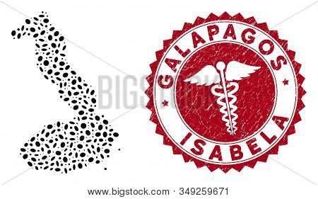 Vector Collage Isabela Island Of Galapagos Map And Red Rounded Grunge Stamp Seal With Medicine Symbo