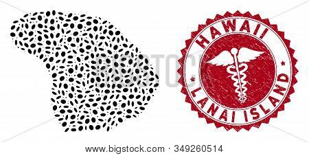 Vector Collage Lanai Island Map And Red Rounded Corroded Stamp Watermark With Health Care Icon. Lana