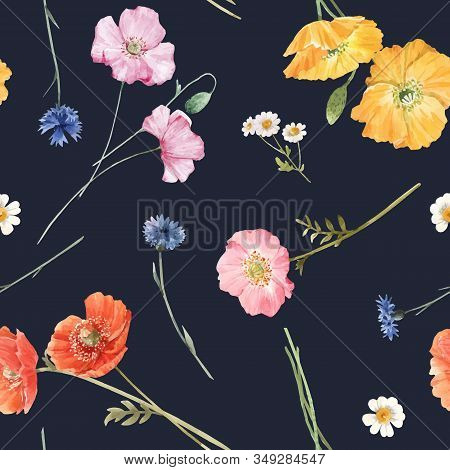 Beautiful Vector Floral Summer Seamless Pattern With Watercolor Hand Drawn Field Wild Flowers. Stock