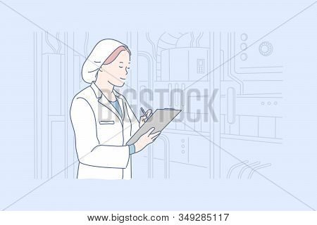 Technologist, Production Quality Control Concept. Young Woman Technologist Is Checking Equipment Con