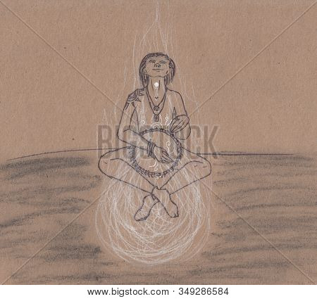 Esoteric And Magic Illustration Of A Human In Graphics. Shaman Communicates With Spirits. Figure Bla