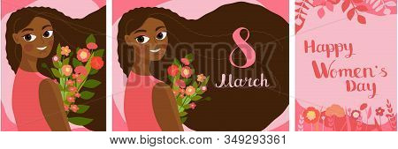 Happy Girl Holds Bouquet Of Flowers. Lettering Happy Womens Day. Set Postcard For March 8, Womens Da
