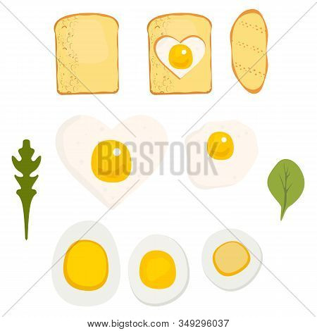 Set Of Bread, Eggs, Fried Eggs, Basil And Arugula