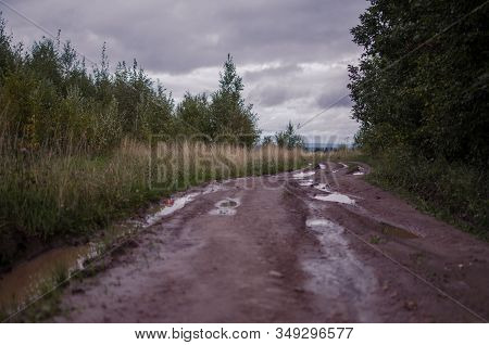Dirty Russian Road In A Field Near The Forest