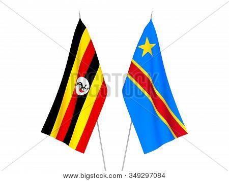 National Fabric Flags Of Democratic Republic Of The Congo And Uganda Isolated On White Background. 3