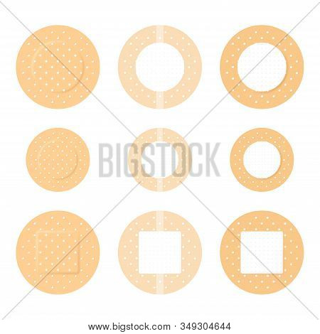 Vector Set Of Round Medical Bandage Images. 3 Types Of Adhesive Patches With / Without Wrapper On Ad