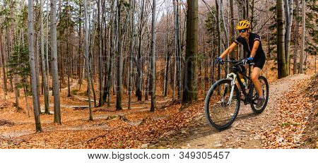 Mountain biking woman riding on bike in autumn mountains forest landscape. Woman cycling MTB flow trail track. Outdoor sport activity.
