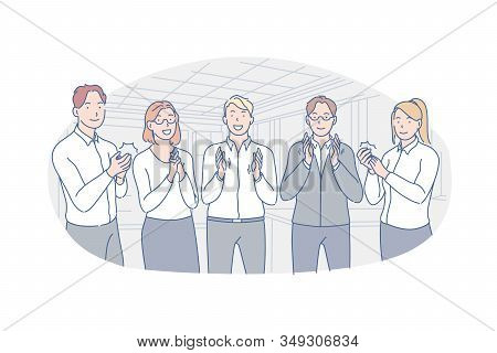 Business, Team, Congratulation, Applause Concept. Group Of Young Happy Business People Applause In H