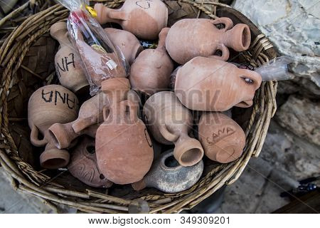 Small Clay Pots, Souvenirs From Cana Galilee In Israel, From The Place Of The Miracle Of Turning Wat