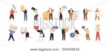 Set Of Tiny People With Big Items Isolated On White Background. Collection Of Person Different Activ