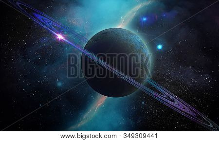Abstract Space Illustration, 3d Image, Bright Purple Planet Saturn And Space Nebula