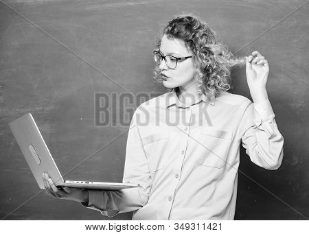 Online School. School Teacher Notebook Chalkboard Background. Informatics And Programming. Girl Surf