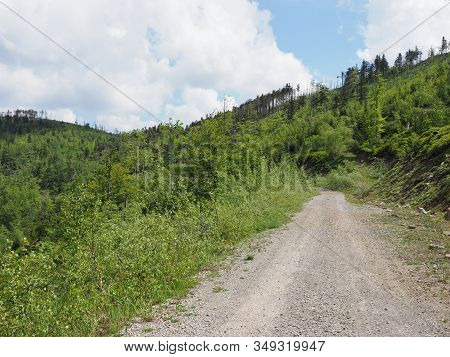 Path At Silesian Beskids Mountains Range Landscapes Near Salmopol Pass Above European City Of Szczyr