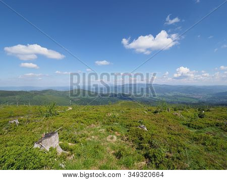 View To Silesian Beskids Mountains Range Landscapes Near Salmopol Pass Above European City Of Szczyr