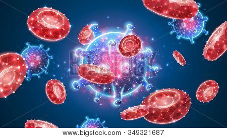 Viral Infection. Influenza Virus Cells, And Erythrocytes In Bloodstream. Abstract Polygonal Image On
