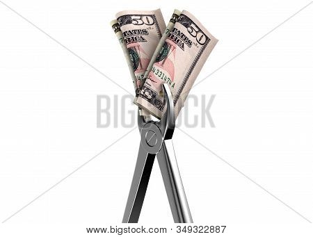 A Pair Of Medical Pliers Gripping A Rolled Up Pair Of Us Dollar Bank Notes On An Isolated White Stud