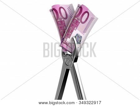 A Pair Of Medical Pliers Gripping A Rolled Up Pair Of Euro Bank Notes On An Isolated White Studio Ba
