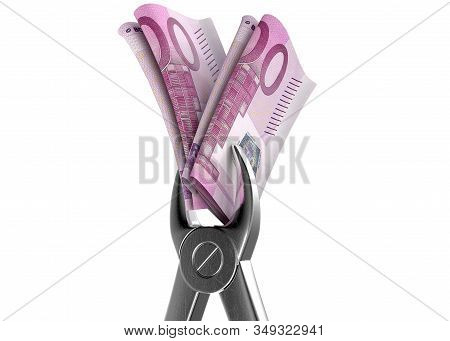 A Pair Of Medical Pliers Gripping A Rolled Up Pair Of Euro Bank Notes On An Isolated White Studio Ba