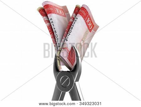 A Pair Of Medical Pliers Gripping A Rolled Up Pair Of Hong Kong Dollar Bank Notes On An Isolated Whi