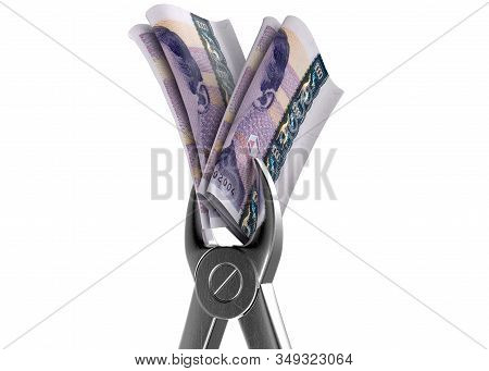 A Pair Of Medical Pliers Gripping A Rolled Up Pair Of Norwegian Kroner Bank Notes On An Isolated Whi