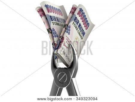 A Pair Of Medical Pliers Gripping A Rolled Up Pair Of Turkish Lira Bank Notes On An Isolated White S