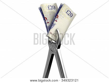 A Pair Of Medical Pliers Gripping A Rolled Up Pair Of British Pound Bank Notes On An Isolated White 