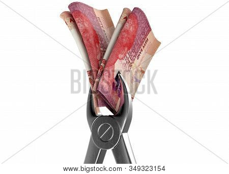 A Pair Of Medical Pliers Gripping A Rolled Up Pair Of South African Rand Bank Notes On An Isolated W