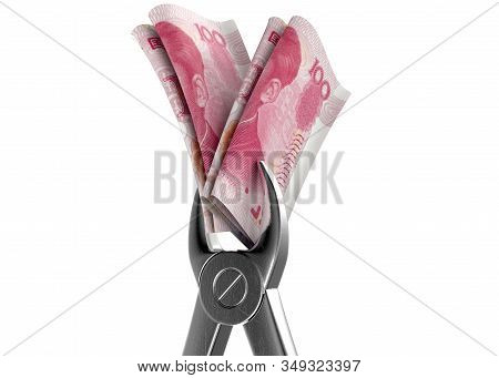 A Pair Of Medical Pliers Gripping A Rolled Up Pair Of China Yuan Bank Notes On An Isolated White Stu