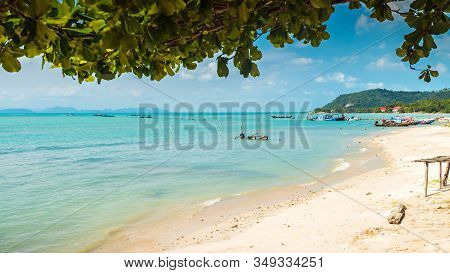 Authentic Thong Krut Beach With Thai Fishing Boats In Taling Ngam On A Day, Koh Samui, Thailand