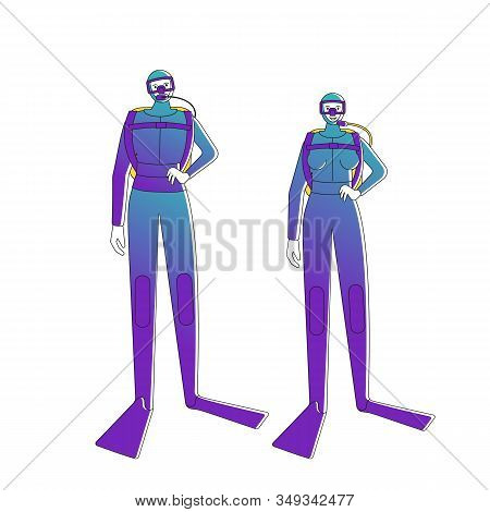 Female And Male Divers In Diving Suites. Isolated On White Background. Flat Style Vector Illustratio