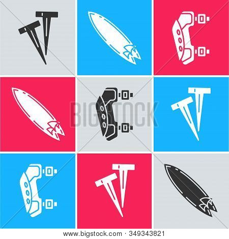 Set Pegs For Tents, Surfboard And Knee Pads Icon. Vector