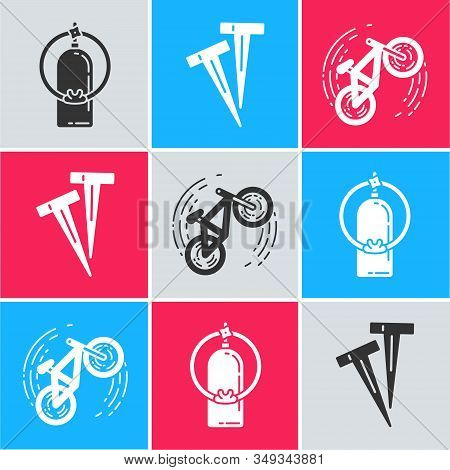 Set Aqualung, Pegs For Tents And Bicycle Trick Icon. Vector