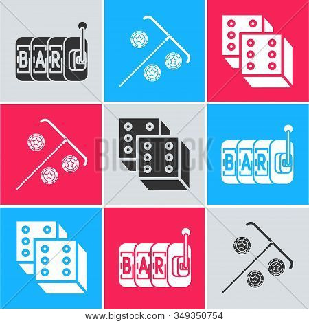 Set Slot Machine, Stick For Chips And Game Dice Icon. Vector