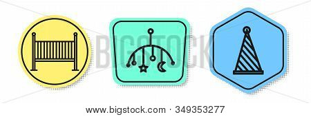 Set Line Baby Crib Cradle Bed, Baby Crib Hanging Toys And Party Hat. Colored Shapes. Vector