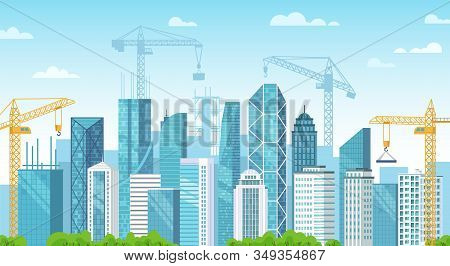 Builded City. City Under Construction, Building Foundations And Construction Cranes Build Buildings 